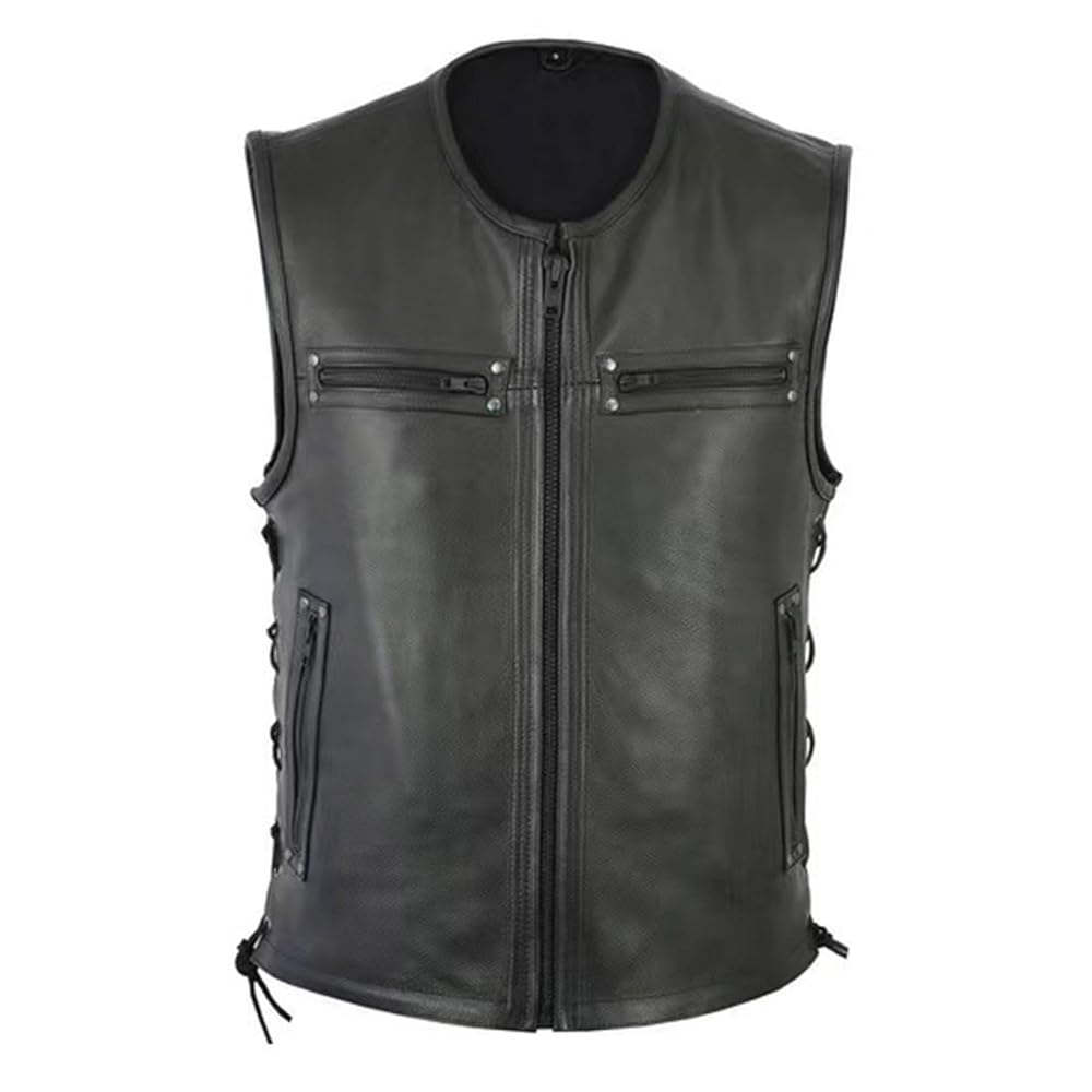 Men's Leather Motorcycle Vest Sleeveless Full Zip Vintage